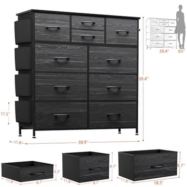 YaFiti Dresser for Bedroom with 10 Drawers, Chest of Drawers with Side Pockets, Hooks, Wooden Top and Sturdy Metal Frame, Fabric Dresser Drawers for Living Room, Hallway (Black Wood Veins) - Image 3