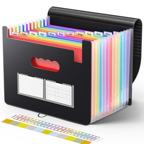 Sooez Accordion File Organizer, 13 Pockets Expanding File Folder, Portable Monthly Paper Bill Tax Receipt Organizer, Letter A4 Size Document Holder with Blank Labels, Black - Image 1