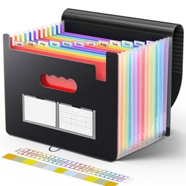 Sooez Accordion File Organizer, 13 Pockets Expanding File Folder, Portable Monthly Paper Bill Tax Receipt Organizer, Letter A4 Size Document Holder with Blank Labels, Black - Image 1