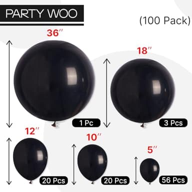 PartyWoo Black Balloons, 100 pcs Matte Black Different Sizes Pack of 36 Inch 18 Inch 12 Inch 10 Inch 5 Inch Black for Balloon Garland or Balloon Arch as Party Decorations, Black-Y18 - Image 6