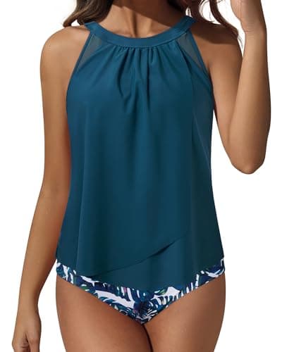 SUUKSESS Women Slimming Tummy Control Tankini Bathing Suits Ruffle High Waisted High Neck 2 Piece Swimsuits(Blue Floral,L) - Image 1