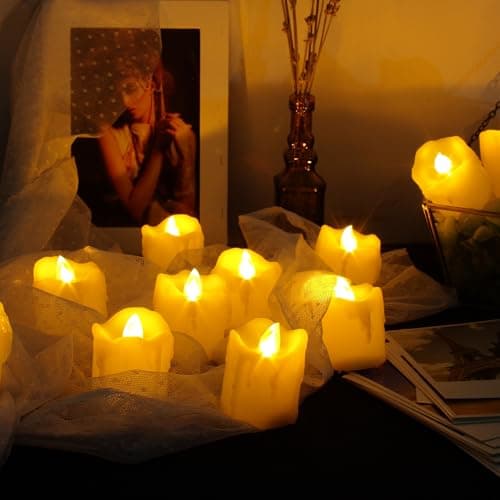 12 Battery Operated Flameless LED Votive Candles with Timer Realistic Flickering Electric Tea Lights Set Bulk Baptism Wedding Party Decoration Kitchen Home Decor Table Centerpieces Batteries Included - Image 1