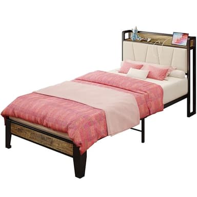 LIKIMIO Twin XL Bed Frames, Storage Headboard with Charging Station, Solid and Stable, Noise Free, No Box Spring Needed, Easy Assembly (Walnut and Beige) - Image 9