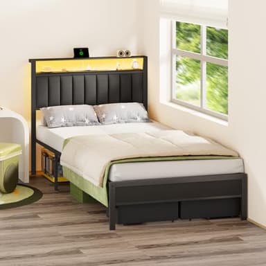 Furnulem Full Size Bed Frame with Charging Station and LED Lights, Grey Upholstered Headboard with Shelves, Metal Platform Bed with 2 Under-Bed Storage (Fabric Drawer on Wheels), No Box Spring Needed - Image 3