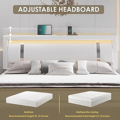 Keyluv King Size Bed Frame with RGB LED Lights & 2 Storage Drawers, Modern Upholstered Platform Bed with Iron Metal Decor, USB Charging Ports, White - Image 5