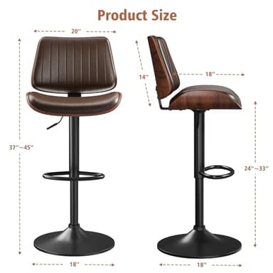 YaFiti Bar Stools Set of 4, Bar Stools for Kitchen Island with Bentwood Back and Leather Seat, Swivel Barstools for Kitchen Counter, Bar, Brown - Image 3