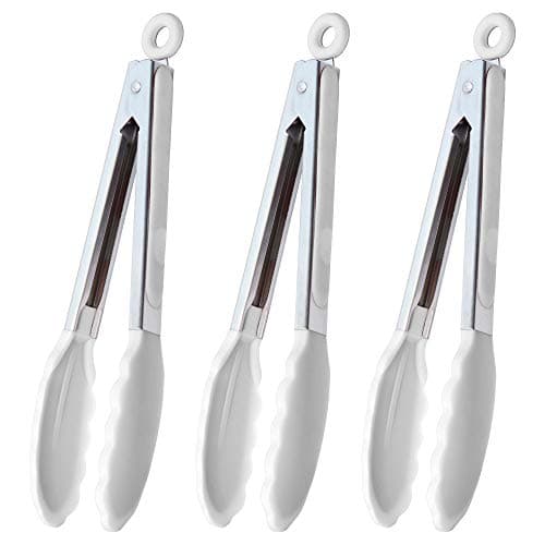 HINMAY Silicone Kitchen Tongs 9-Inch Stainless Steel Basics Tongs with Non-Stick Silicone Tips, Set of 3 (White) - Image 1