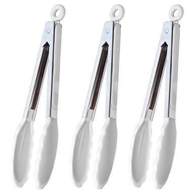HINMAY Silicone Kitchen Tongs 9-Inch Stainless Steel Basics Tongs with Non-Stick Silicone Tips, Set of 3 (White) - Image 1