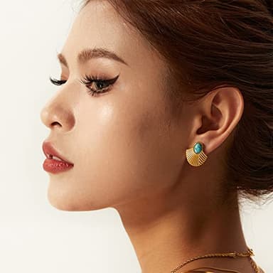 IUITY Gold Fan Shape Earrings Studs 14K Gold Plated Turquoise Studs Earrings Hypoallergenic Fashion Lightweight Jewelry for Women Mom Wife - Image 2
