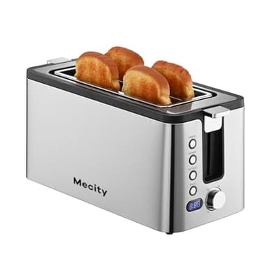 Mecity 4 Slice Toaster, Long Slot Toaster With Countdown Timer, Bagel/Defrost/Reheat/Cancel Functions,Warming Rack, Removable Tray, 6 Browning Settings, Extra Wide Slots, Stainless Steel, 1300W - Image 1