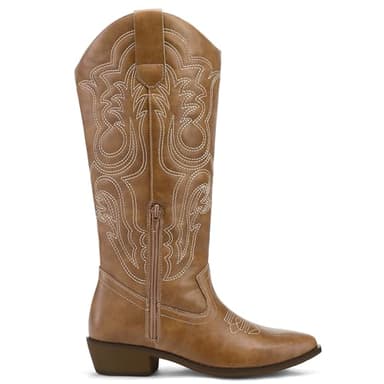 mysoft Women's Cowboy Boots Mid Calf Cowgirl Embroidered Western Pointed Toe Chunky Heel Pull On Knee High Boots - Image 5