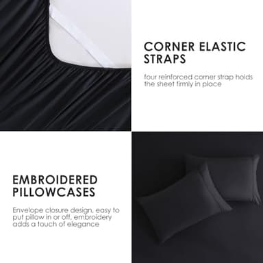 JSD Black Queen Sheet Set with Side Pocket Corner Straps, 4 Piece Soft Microfiber Bed Sheets Extra Deep Pocket - Image 6