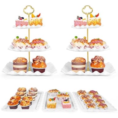 5 Pcs Dessert Table Display Set - 2 Pcs 3-Tier Dessert Display Stands & 3 Pcs Serving Tray - Dessert Trays Dessert Stands Treat Table Displays Set for Tea Parties,Birthdays & Baby Showers - Image 1