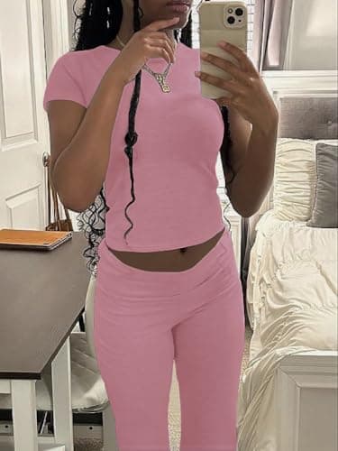 AYWA Women's 2 Piece Lounge Sets Short Sleeve Crop Top Foldover Flare Pants Casual Pajama Outfits (Pink, Large) - Image 2