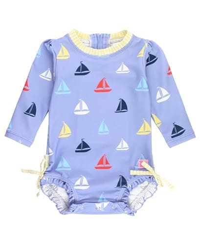 RuffleButts Baby Girls UPF 50+ Sun Protection Novelty Print Long Sleeve One Piece Rash Guard Swimsuit with Zipper - Down by The Bay, 6-12m - Image 1