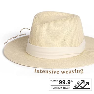 FURTALK Womens Mens Wide Brim Straw Panama Hat Fedora Summer Beach Sun Hats UPF Straw Hat for Women Beige-White - Image 3