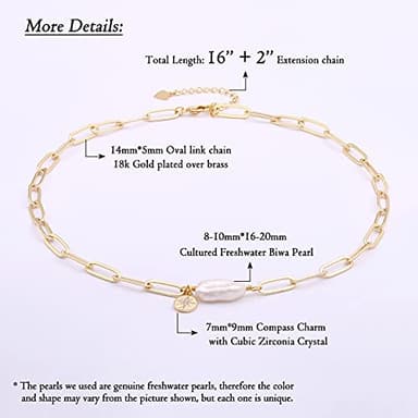 Aobei Pearl Chunky 18k Gold Chain Choker Necklace Freshwater Biwa Pearl Pendant CZ Starburst Charm Statement Jewelry for Women 16’’ - Image 3