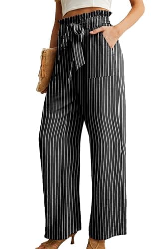 IWOLLENCE Women's Wide Leg Pants with Pockets High Waist Adjustable Knot Loose Casual Trousers Business Work Casual Pants Black Stripe L - Image 2