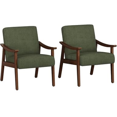 Yaheetech Corduroy Accent Chair, Mid-Century Modern Armchair with Solid Wood Legs, Reading Leisure Chair with High Back for Living Room Bedroom Waiting Room, Set of 2, Dark Green - Image 1