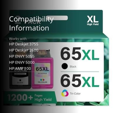 65XL 65 Ink Cartridges Black/Color Combo Pack DeskJet 3755 Envy 5055 Remanufactured Replacement for HP65 XL Black and Color for HP Envy 5052 5000 DeskJet 3772 3700 2600 3752 Printer (Black Tri-Color) - Image 3