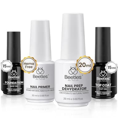 Beetles 4 Pcs 15ml Base Gel and Top Coat Kit with 20ml Nail Dehydrator and Primer, Professional Nail Prep Acid-Free & Hema-Free Dehydrate Bond Primer Set for Acrylic Nail Manicure Gift for Women - Image 1