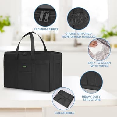 JUNGYOON 2-Pack Heavy-Duty Insulated Grocery Bags & Insulated Bag – Collapsible Cooler Bag with Zippered Top | Reusable Shopping Bags for Groceries, Picnics, Easy Storage(XXL Black) - Image 5