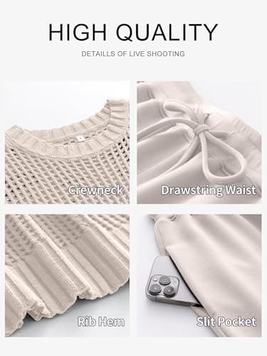 ANRABESS Women Two Piece Outfits Crochet Sheer Knit Sweater Top Wide Leg Pants Lounge Matching Sets Sweatsuit Travel Clothes Aprioct Medium - Image 6