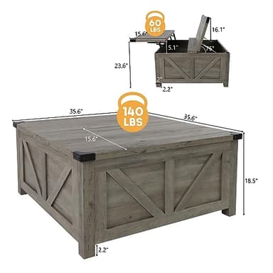 jimeimen Farmhouse Lift Top Coffee Table with Storage, Wood Square Center Table with Charging Station&USB Port, Living Room Table w/Large Hidden Space, for Living Room, Bedroom, Home Office, Grey - Image 2