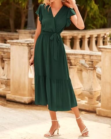 BTFBM Women Summer Bohemian Floral Casual Wrap V Neck Ruffle Cap Sleeveless Belt A-Line Pleated Hem Midi Sun Dress(Solid Dark Green,Medium) - Image 6