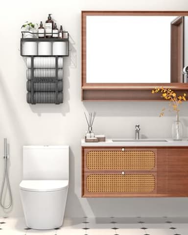 Wall Mounted Towel Rack for Bathroom - Bath Storage Holder Set Above Toilet, Rolled Towel Shelf Organizer, Wood Vertical Rack for Small Bathroom Decor, Black - Image 7