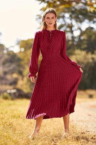 PRETTYGARDEN Womens Pleated Midi Dress Casual Long Sleeve V Neck Swiss Dot Beach Flowy Dresses (Wine Red,Large) - Image 3