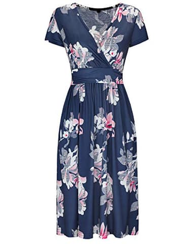 OUGES Women's 2025 Summer Short Sleeve V-Neck Pattern Knee Length Dress with Pockets(Floral05,XXL) - Image 2