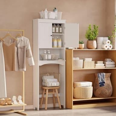 Gizoon Over The Toilet Storage Cabinet with Adjustable Shelf and Double Doors, Bathroom Space Saver Organizer Above Toilet with Open Shelf, Taller Wooden Free Standing Toilet Rack -White - Image 7
