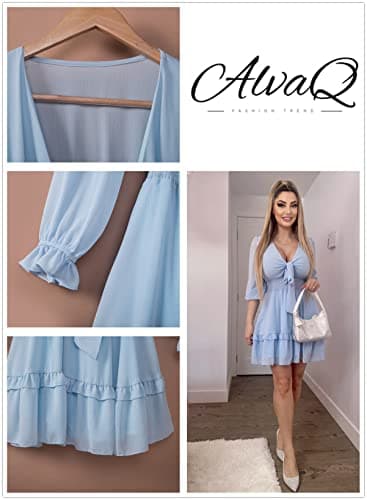 AlvaQ Women Dress 2025 Spring Fall Long Sleeve Mini Dress Summer Sexy V Neck Knot Front Sundress Sky Blue Medium - Image 6