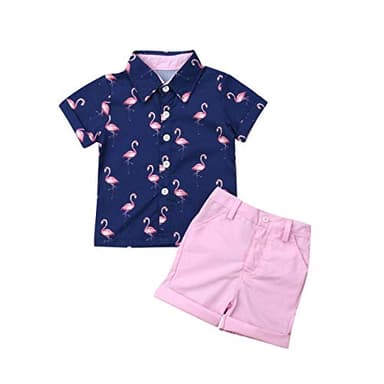 VISGOGO Toddler Baby Boy Flamingo Short Sleeve Button Down Shirt & Casual Shorts Set Summer Outfits 1-6 Years Clothes - Image 1