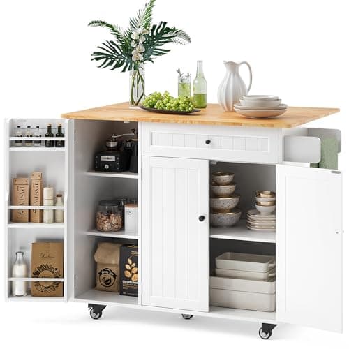 Ahomly Kitchen Island with Storage, Island Table for Kitchen with Drop Leaf, 5 Wheels, Interal Storage Rack, a Drawer, Spicy Rack and Towel Bar, Sufficient Countertop Space and Storage, White - Image 1