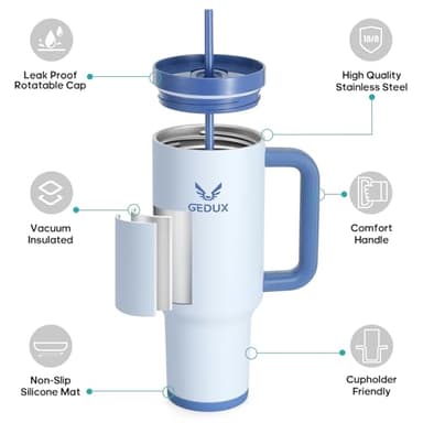 Gedux 40oz Tumbler With Handle, 2-IN-1 Leak Proof Lid (Straw/Flip), Insulated Water Bottle, Stainless Steel Tumbler with Non-Slip Silicone, Wide Mouth Travel Mug Cupholder Friendly Dishwasher Safe - Image 3