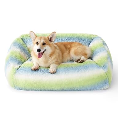 Lesure Dog Bed Medium Size - Cute Furry Calming Puppy Beds, Rectangle Washable Indoor Pet Beds with Removable Zipper Cover, 35x25x11inches, Green Stripe - Image 1