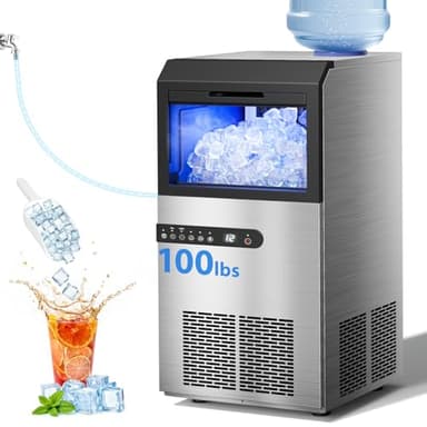 Commercial Ice Maker Machine, 100LBS/24H Stainless Steel Under Counter Ice Maker with 45 Ice Cubes, 2 Water Inlet Modes, Self Clean, 24H Timer, Freestanding Ice Machine for Home, Bar, Restraunt, Party - Image 1