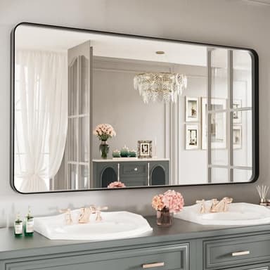 LOAAO Black Metal Framed Bathroom Mirror for Wall, Large 55X30 Inch Rounded Rectangle Mirror, Matte Black Bathroom Vanity Mirror Farmhouse, Anti-Rust, Tempered Glass, Hangs Horizontally or Vertically - Image 1