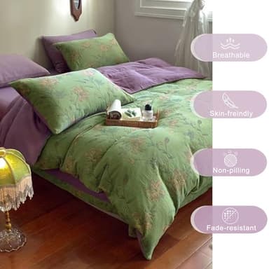 VM VOUGEMARKET Linen Cotton Jacquard Duvet Cover Queen,3 Pcs Yarn-Dyed Textured Duvet Cover Set Green Purple Floral Bedding Breathable, Natural Wrinkled Look-No Comforter - Image 2