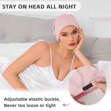 Silk Bonnet for Sleeping Women, Adjustable Silky Satin Lined Sleep Cap, Silk Hair Wrap for Sleep Night Cap for Natural Curly Hair 2PCS(Black&Pink) - Image 2