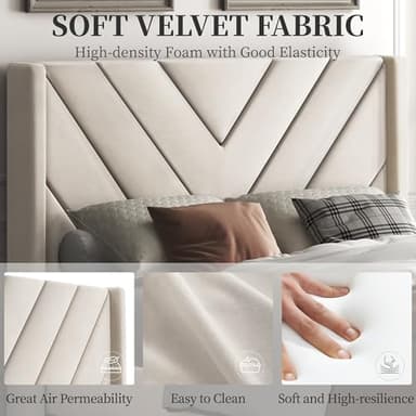 Yaheetech Twin Bed Frame Upholstered Platform Bed with Wing Side/Wooden Slat Support/Tufted Headboard with Wing Side/Mattress Foundation/No Box Spring Needed,Beige Twin Bed - Image 5