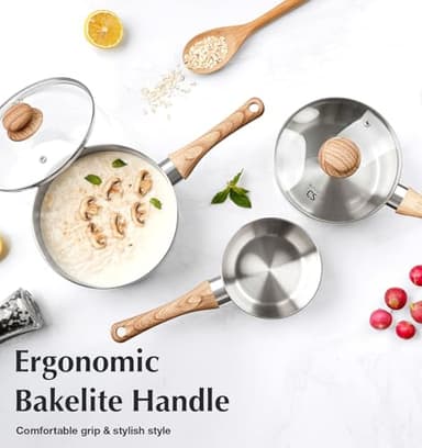 KOCH SYSTEME CS Stainless Steel Saucepan Set, 6 Piece Stainless Steel Pot 1QT & 2QT & 3QT with Heat-resistant Bakelite Handle, Tri-ply Base Pots, Sauce Pan Induction Ready, Pot Set 6PCS - Image 5