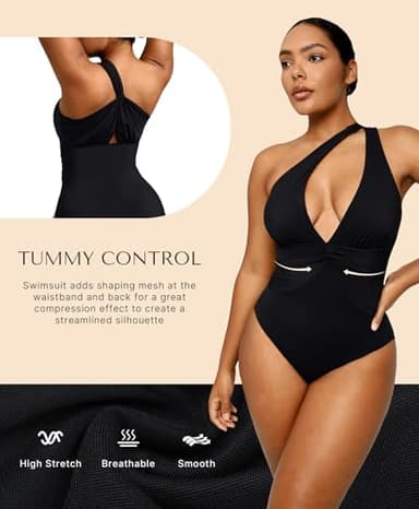 SHAPELLX One Piece Swimsuit Women Tummy Control V Neck One Piece Bathing Suit Built-in Bra One Shoulder Swimwear S Black - Image 2
