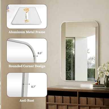 BEAUTYPEAK Wall Mirror 24" x 36" Rectangular Bathroom Mirror with Aluminum Alloy Frame, Rounded Corners Hanging Mirror for Living Room Bedroom Bathroom Entryway, Hangs Horizontal or Vertical, Silver - Image 5