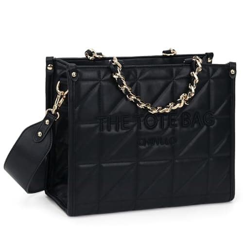 Chinllo Tote Bag for Women Quilted Chains Stachel Purse and Handbags with Shoulder Strap (E.Black-M) - Image 1