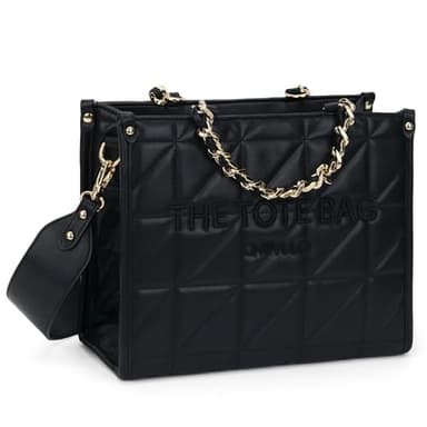 Chinllo Tote Bag for Women Quilted Chains Stachel Purse and Handbags with Shoulder Strap (E.Black-M) - Image 1