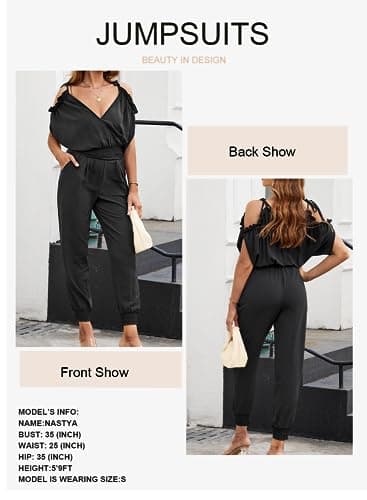 Dokotoo Jumpsuit for Womens Dressy Casual 2025 Wrap V Neck Formal One Piece Cruise Outfits Long Romper Elastic Waist Cold Shoulder with Pockets Outfits for Summer,Black Large - Image 3