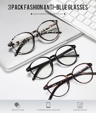 STORYCOAST Blue Light Blocking Glasses for Women Men,Round Frame Eyeglasses,Unisex Gaming Computer Glasses 3Pack Black+Gray Leopard+Tortoiseshell - Image 3